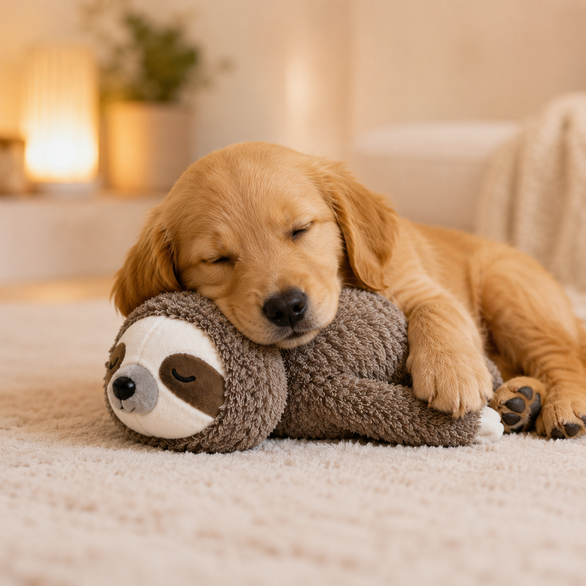 CalmPaw heartbeat comfort sloth plush with a sleeping puppy